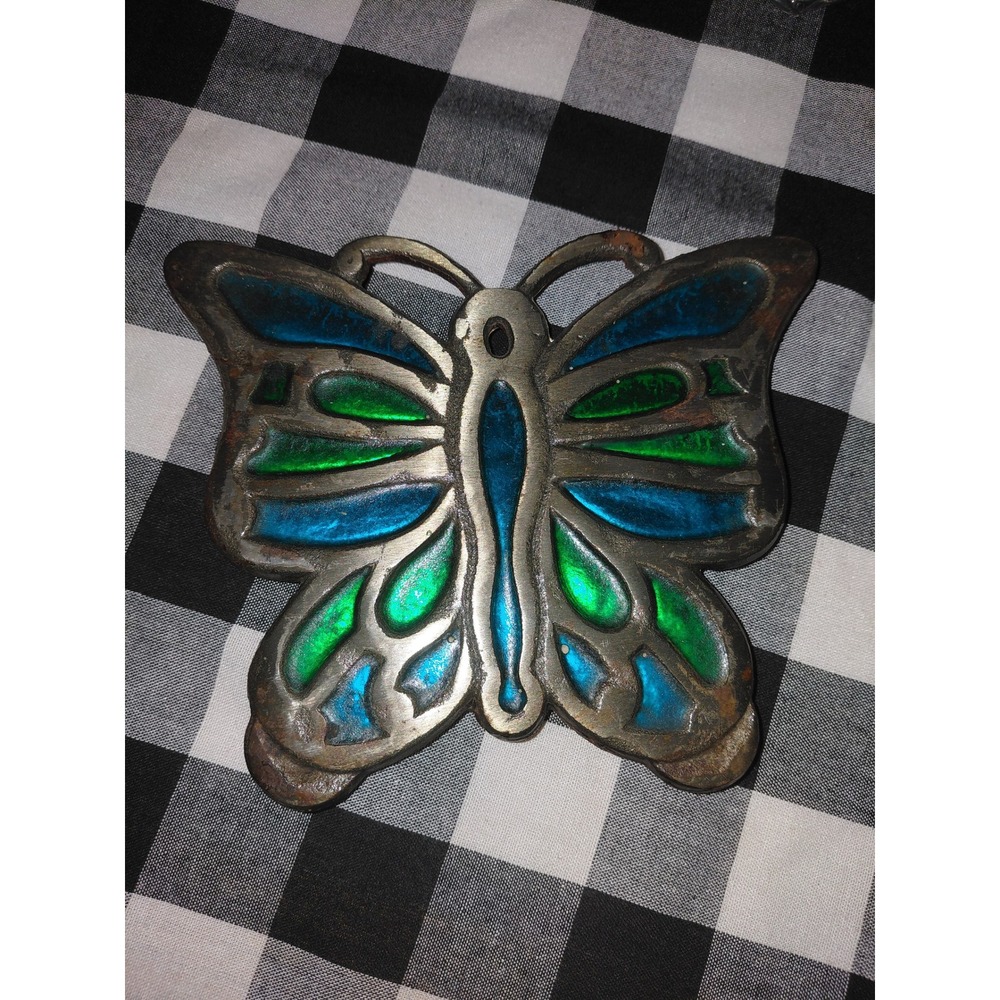 Vintage Butterfly Trivet Wall Hanging Cast Metal Blue Green Enamel Decor